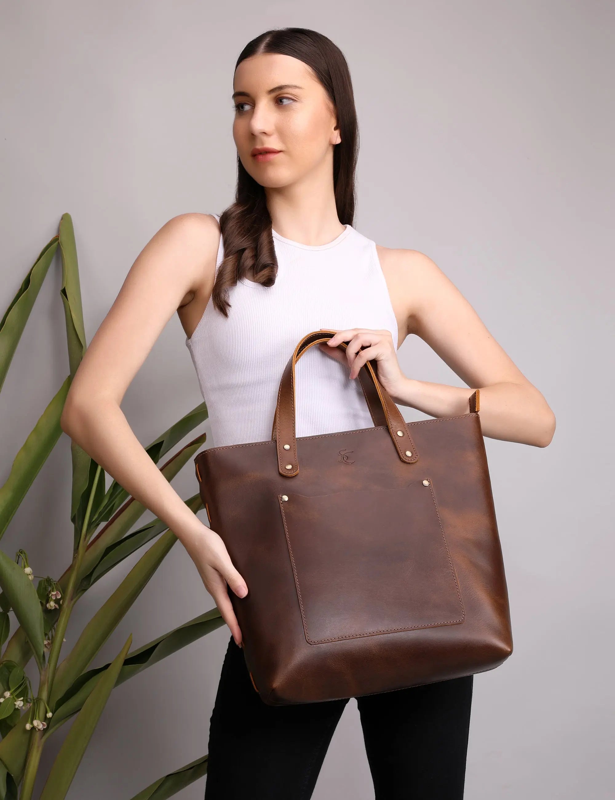 Clasic Brown Leather Tote Bag Stitch And Carry