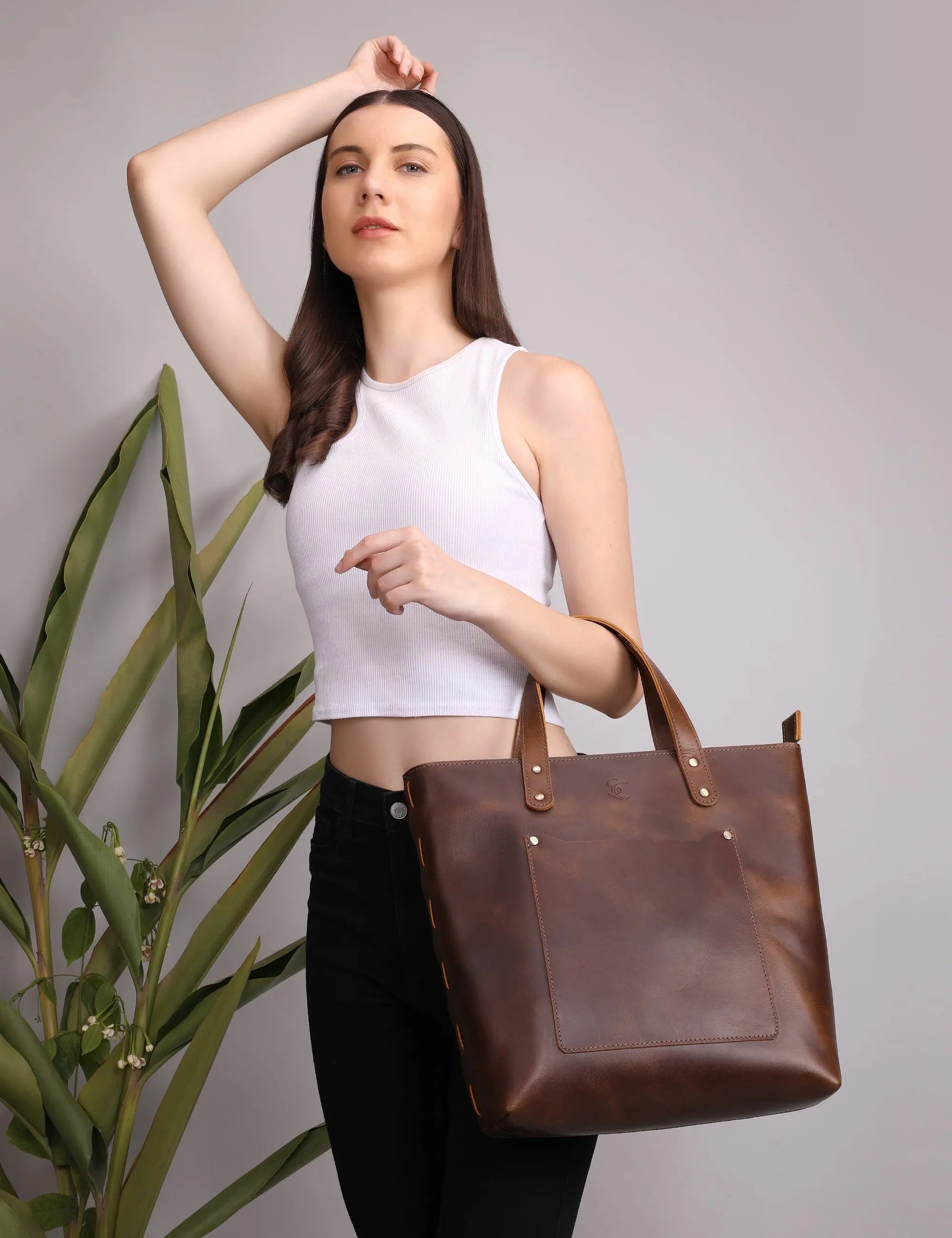 Clasic Brown Leather Tote Bag Stitch And Carry