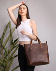 Clasic Brown Leather Tote Bag Stitch And Carry