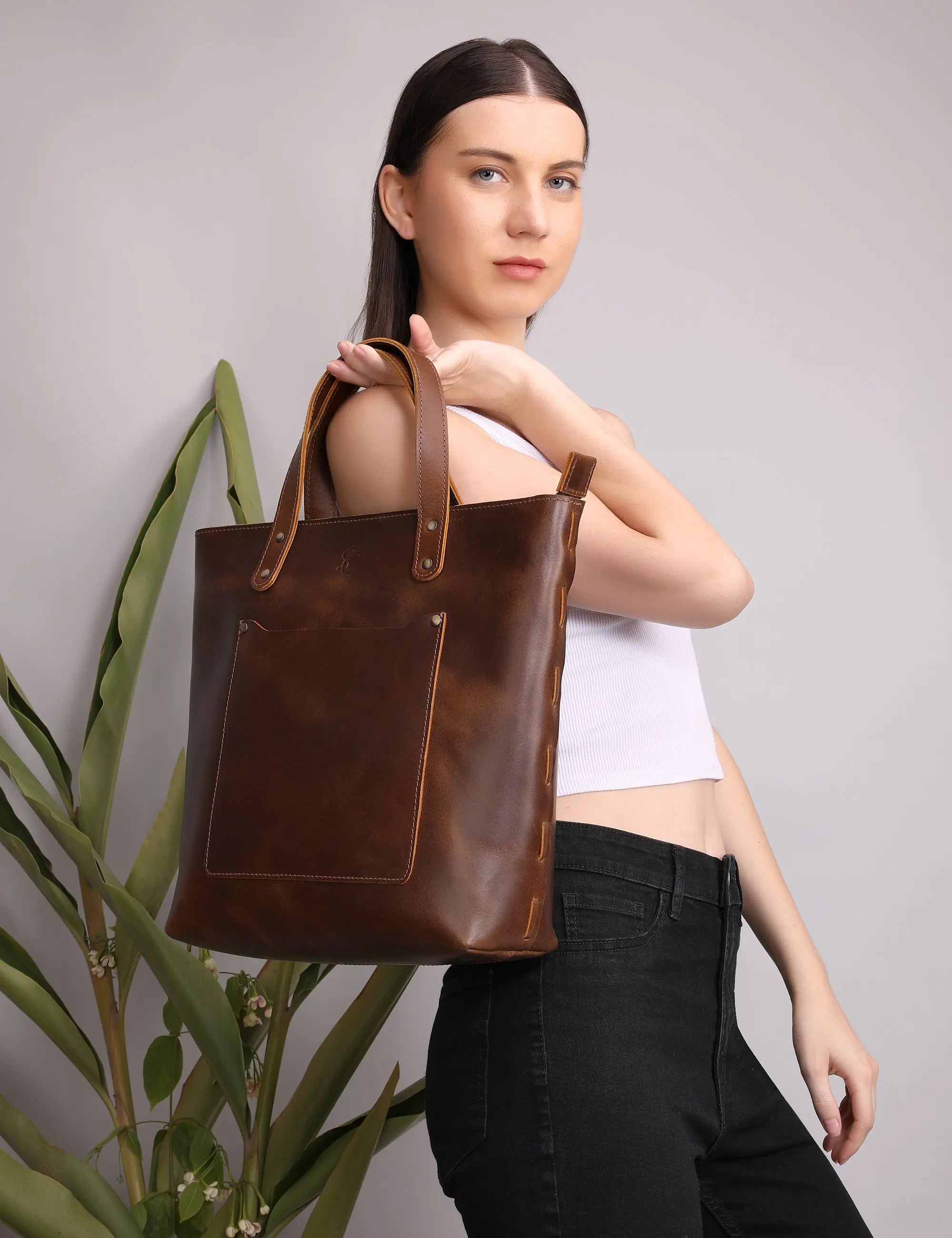 Clasic Brown Leather Tote Bag Stitch And Carry